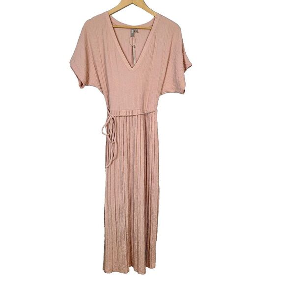 NEW ASOS Dress 8 Tall Dusty Pink Textured Knit‎ Short Sleeve V-Neck Pleated Midi - Picture 1 of 13